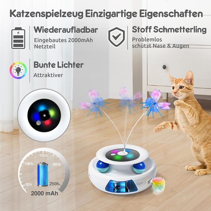 GoldenSun Cat Toy, 3-in-1 Electric Interactive Automatic Toy for Cats, Whack-A-Mole, Fluttering Butterfly, Includes Ball, USB Rechargeable Cat Teaser with 6 Attachments