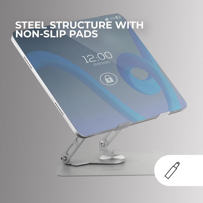 Підставка для ноутбука та планшета Mars Gaming MA-RSN, 17 дюймів, регулювання висоти, нахилу, 360° обертання, сталева конструкція, протиковзкі накладки, складана, портативна, срібна