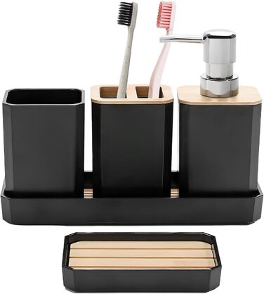 Набір аксесуарів для ванної кімнати Volumoon 5 шт. з бамбука: миловарка, стаканчик для зубної щітки, миловарка, мильниця, чорний. Декоративні аксесуари для ванної та умивальника.