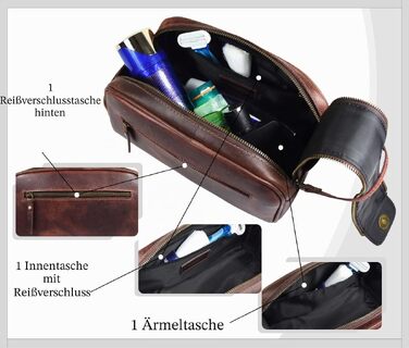 Шкіряна косметичка для чоловіків Aaron Leather — дорожній набір для догляду, темно-коричнева (горіх), з подвійною блискавкою