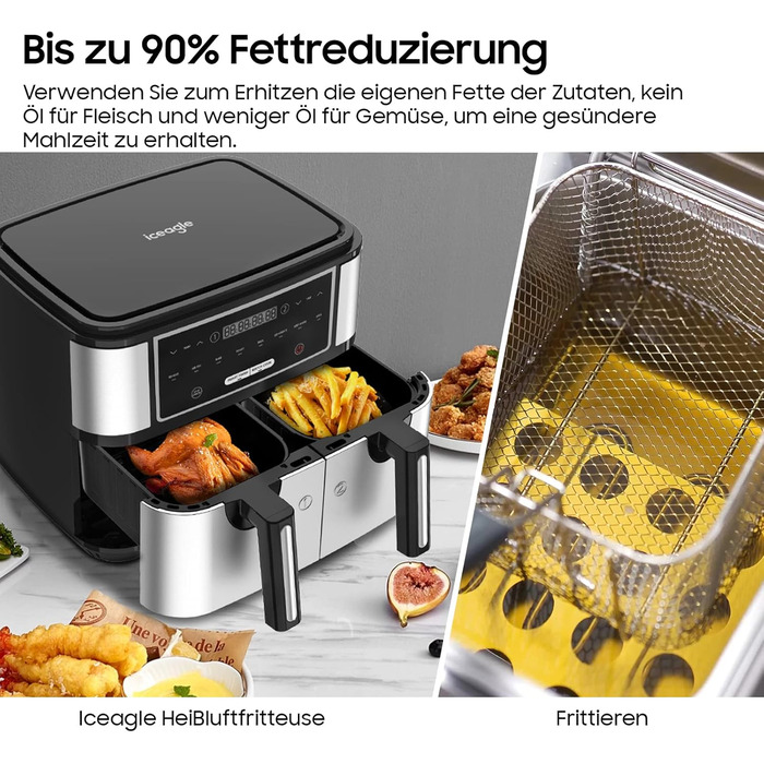 Iceagle Dual Zone Air Fryer Double Chamber 9L - XXL Air Fryer with 8 Programs | Airfryer with 2 Baskets, Oil-Free Fryer, Preheating & Keep Warm, 2600W