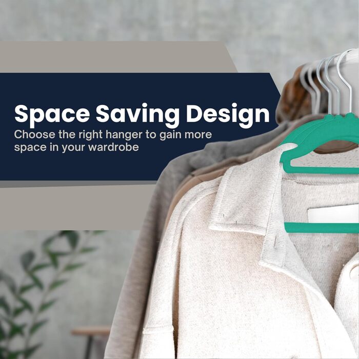 Набір плечиків для одягу з велюру, 50 шт. (блакитно-зелений) – антиковзаючі, з органайзером для краваток, обертові гачки