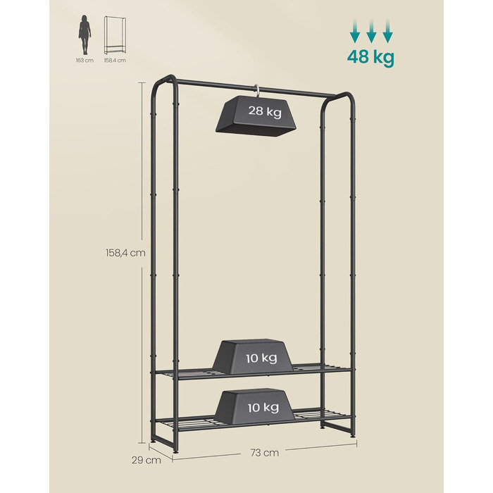 SONGMICS Clothes Rack, Open Wardrobe, Clothes Rail, Coat Rack with Shelves, Metal Clothes Rack, Freestanding, Matte Black LGR462B01 (73B cm)