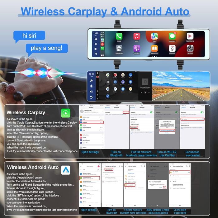Автомобільний відеореєстратор Hodozzy з дзеркалом, Carplay, Android Auto, Bluetooth, 11.26