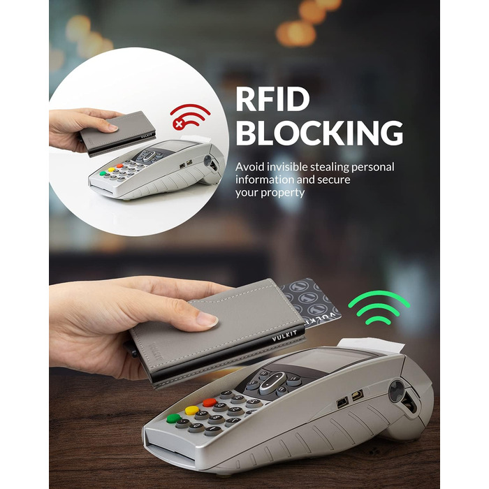 Кредитне портмоне VULKIT з двома віконцями для ID, RFID-захистом, автоматичне відкривання, шкіряне, сірий колір