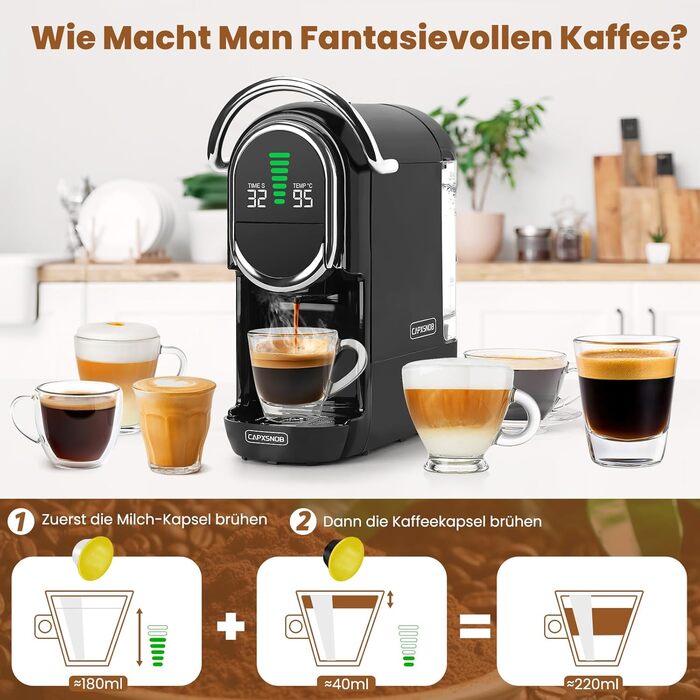 Кавомашина Magician1 Mini Kapselmaschine 5в1 для капсул Nespresso, Dolce Gusto, Lavazza A Modo Mio, ESE 44 та кавової гущі | 20 бар, 1450 Вт, LED-дисплей, 7 рівнів води | Для дому та офісу (Чорний)