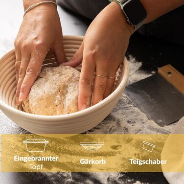 Chef's Cast Iron Dutch Oven incl. Dough Basket and Dough Scraper. Pot for Baking Bread. Bread Baking Pan with Lid 4.6L. 2-in-1 Bread Pot for Baking 26CM. Robust Bread Baking Pot. Round Bread Baking Pan. Cast Iron Pot for Baking Bread 4.6L Round