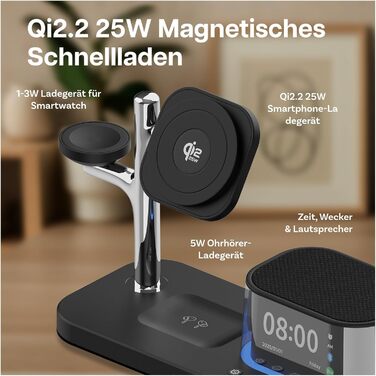 Бездротова зарядна станція 5-в-1 MMOBIEL MagSafe Qi2.2 25W: годинник, Bluetooth-колонка, нічник LED для iPhone, Apple Watch, AirPods - Чорна