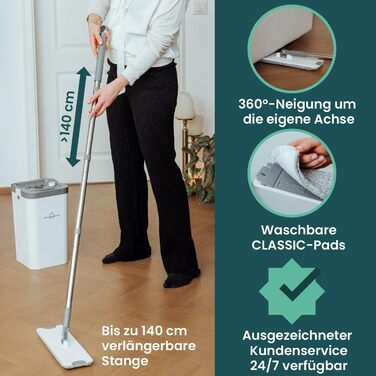 WONDERHOME Floor Wiper Set with Bucket - separates dirt from clean water - innovative 3-chamber mop cleaning set + wringing function - Classic [Order now with extended 140cm pole!]