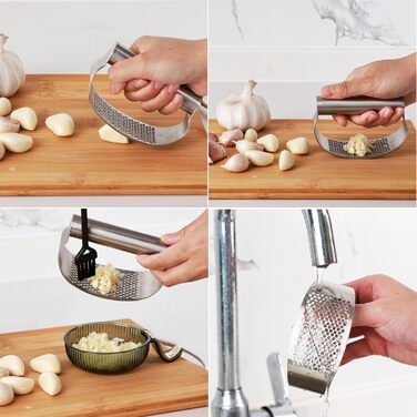 Прес для часнику з нержавіючої сталі 304 з щіткою для чищення та скребком для часнику, Garlic Press