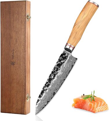 Ніж Santoku Wakoli Olive з дамаської сталі 17 см - професійний кухонний ніж з дамаської сталі 67 шарів з серцем VG10, ручка з оливкового дерева - для м'яса, риби та овочів, в дерев'яній коробці