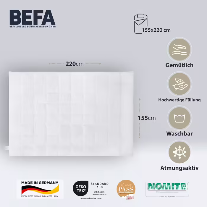 Літня пухова ковдра BEFA NATUR 155x220 см з 90% гусячого пуху, 10% пера, для алергіків, сертифікат Öko-Tex 100, Downpass, Німеччина (2 шт.)