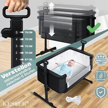 KESSER® Hubi 3in1 Delivery Bed, Baby Bedside Bed, Travel Bed, Baby Bed with Soft Mattress, Mobile Bed with Wheels, 5-Level Height Adjustment, Foldable Side Rail for Home and On the Go, Beige