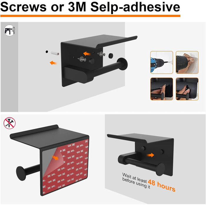 Тримач туалетного паперу Ibergrif з 2 способами монтажу, без свердління, з полицею, нержавіюча сталь, чорний
