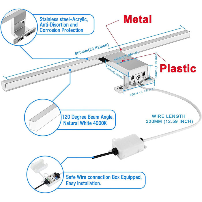 Azhien LED Mirror Light Bathroom 10W 820LM 60cm Neutral White 4000K, Slim 14mm Width 3in1 Mounting IP44 230V Wall Light Mirror Lamp 600mm, No Flickering Bathroom Cabinet Mirror Lights