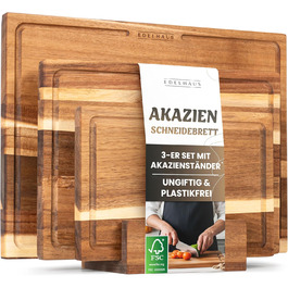 Набір дерев'яних обробних дощок 3 шт. з акціїї (40x30см / 33x24см / 26x18см) - дерев'яні дошки для кухні з канавкою для соку, преміум якість