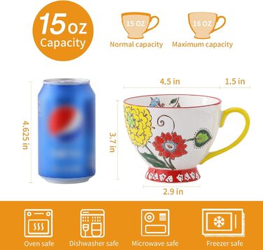 superyes Large Coffee Cup Set, 4 Pieces, Coffee Cup Set for Tea, Milk, Latte, Cappuccino, Cereal, Hot Chocolate, Soup, Gift for Friend, Family (Red-Yellow-Green, 425 ml x 4 Pieces)