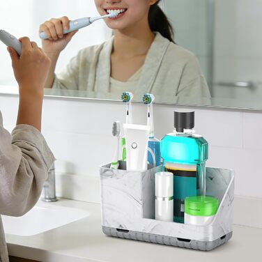 Тримач для зубних щіток у ванну кімнату, органайзер, підставка для електричної зубної щітки з отвором для зливу, знімний органайзер для ванної, кухні та сім'ї (Сірий) (Сірий мармуровий малюнок)