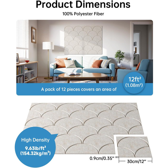 Акустичні панелі Soundsbay для звукоізоляції та декору стін, самоклеючі звукопоглинаючі плити з поліестеру, 30x30x0.9 см, світло-бежевий, 12 шт.