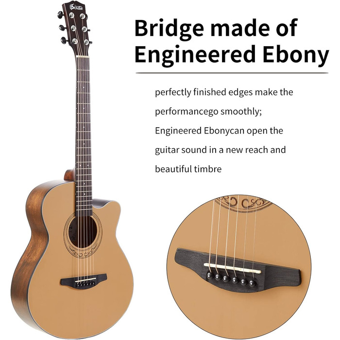 Акустична гітара Soldin 40 дюймів з масивною кришкою з ялини, комплект з аксесуарами (Gigbag, підставка, тюнер, ремінь, каподастр, струни, серветка, медіатори)
