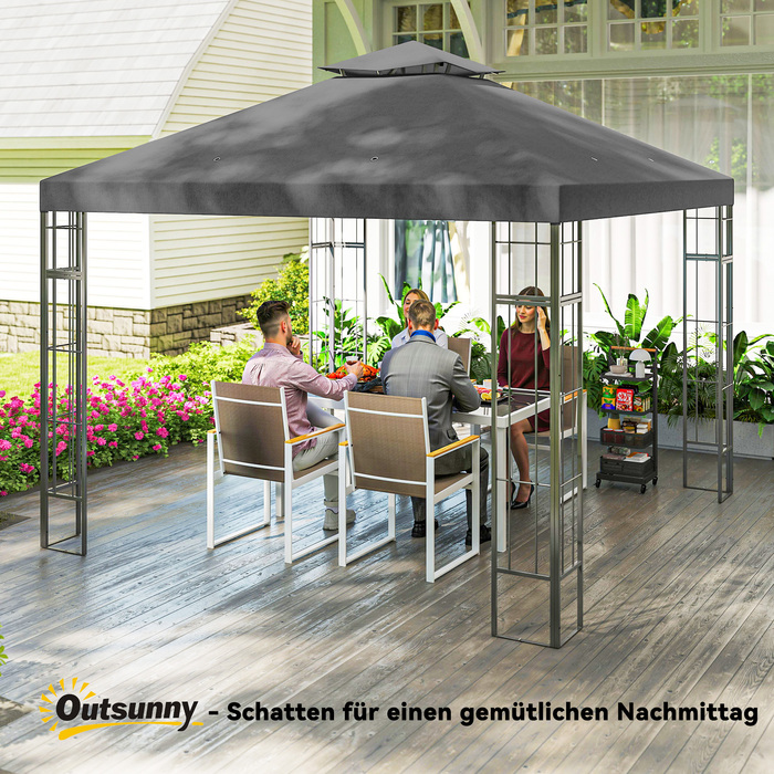 Outsunny Gazebo with Double Roof, approx. 3x3 m Water-Repellent, Stable, Winter-Proof Garden Gazebo with UV Protection, Party Tent made of Metal, for Garden, Terrace, Dark Grey | Aosom