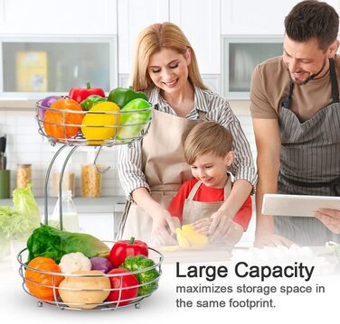 Металева фруктова корзина Bomclap з підставкою для бананів - 2 яруси. Сучасна фруктова корзина для кухні. Декоративна корзина для овочів та фруктів (срібна)