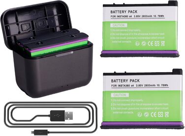 2 x 2800mAh акумулятори Insta360 X4 з зарядним пристроєм USB-C, Li-Ion акумулятори для Insta360 X4, з мікро SD картами