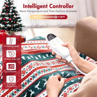 Електрична гріюча ковдра PRANITE 200x180 см з Sherpa-фланелі, 6 режимів нагріву, таймер, захист від перегріву, червона