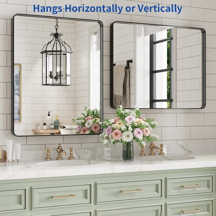 WEER Дзеркало для ванної кімнати чорного кольору з металевим каркасом, 61 x 81 см, прямокутне, з закругленими кутами, з загартованого скла, антикорозійне (Матове чорне, 76.2L x 50.8B cm)