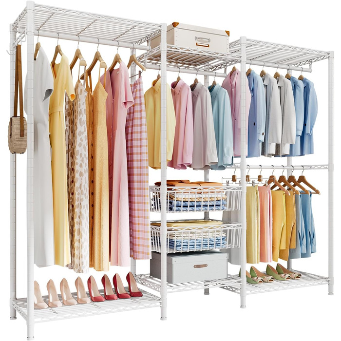 Підставка для одягу важка, стійка, для шафи, з регульованими полицями та кошиками, до 320 кг, біла