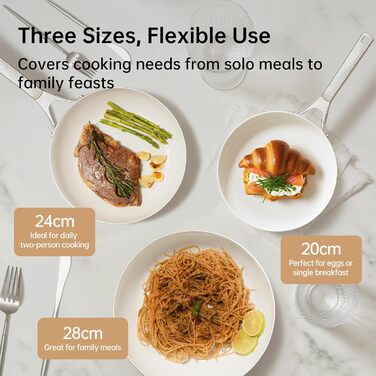 Набір антипригарних сковорідок Tjean з керамічним покриттям (без PTFE, PFOA, PFAS) з нержавіючою ручкою, підходить для індукційних, газових, електричних плит та духовки до 280°C (кремово-білий, 20+24+28 см)