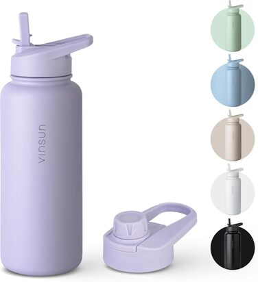 Stainless steel water bottle, purple, 1L - Straw, drinking spout - leak-proof, carbonated beverage compatible, BPA-free - Thermos bottle, sports, outdoor, school, university, bicycle, hiking, gym