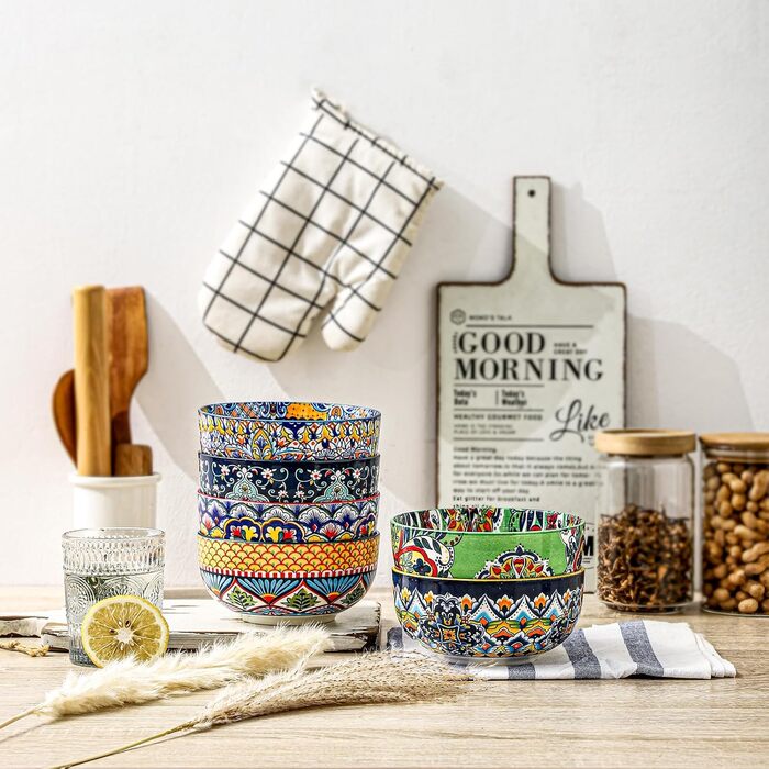 HENXFEN Набір з 6 порцелянових мисок для мюслі, супу, салату, 850 мл. Богемний квітковий дизайн, 6 кольорів