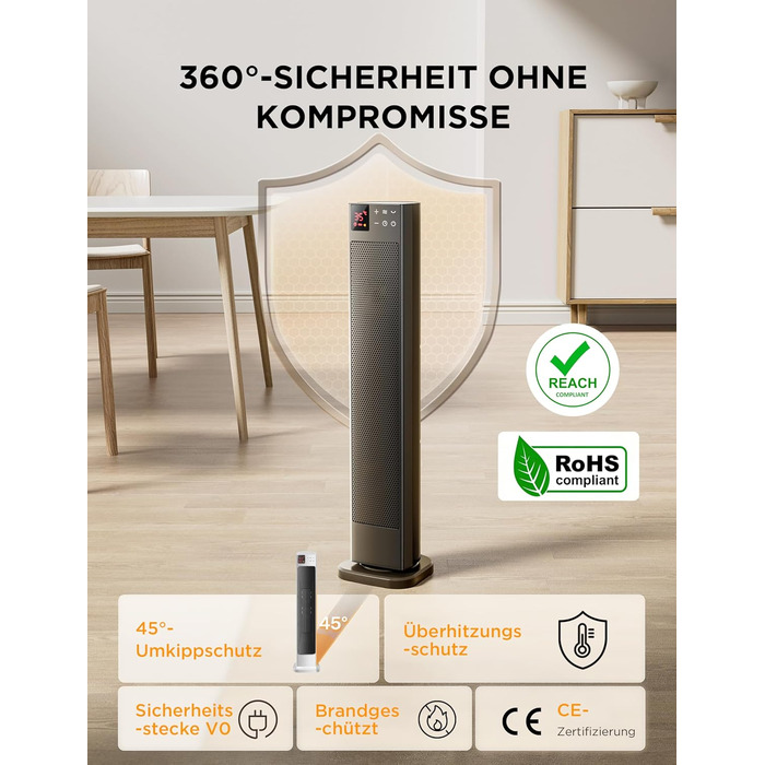 Електричний обігрівач Midea Ceramic 2000W з термостатом, 3 режими, таймер 24 год, захист від перегріву та перекидання, миттєве тепло для офісу та спальні (сірий, 76 см)