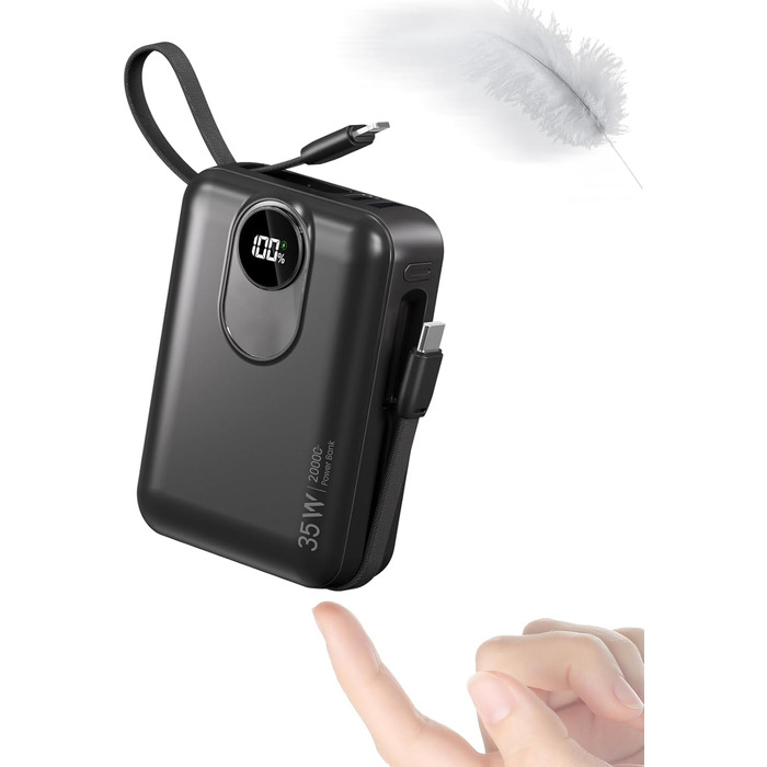 Power Bank 20000mAh з інтегрованим кабелем: швидка зарядка 22.5W, USB C (вхід та вихід), акумулятор для телефону, повербанк з 4 виходами та 2 входами, білий/чорний
