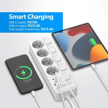 Многорозеткова смуга JSVER 5-портова з індивідуальними вимикачами, 2 USB-A та 2 USB-C (17W), 2м кабель, для смартфонів та ноутбуків, білий