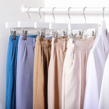 Дерев'яні вішалки для штанів та одягу HOUSE DAY, 25 шт. з кліпсами, білі, 35,5 см, поворотний гачок 360°