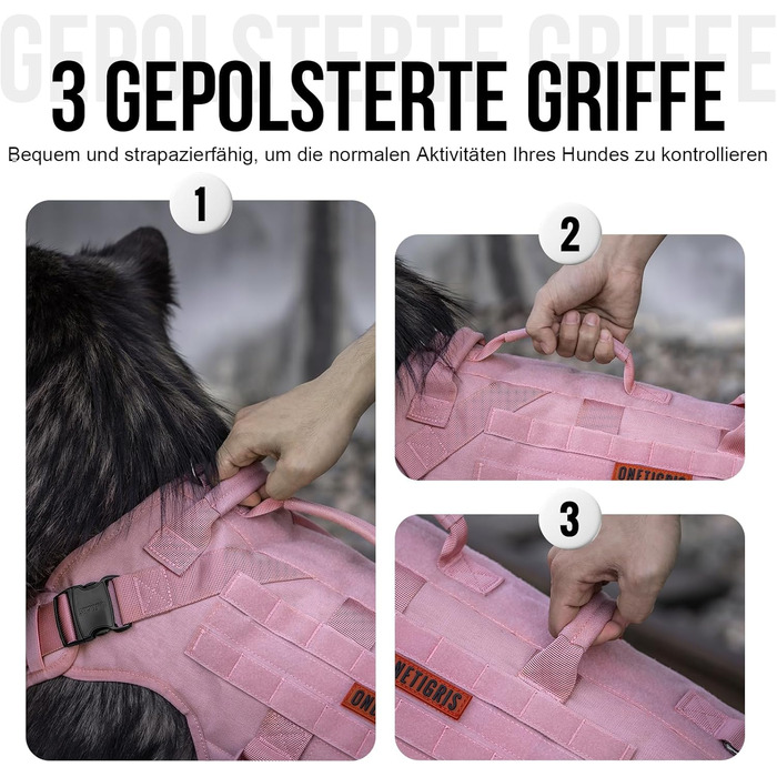 Нашийник для собак OneTigris X Destroyer тактичний, регульований, анти-тяга, вибухозахисний, з 3 ручками, 2 металевими пряжками, безпечний (Рожевий L), L:27-41кг (Окружність шиї:45-63см, Окружність грудей:68-91см)