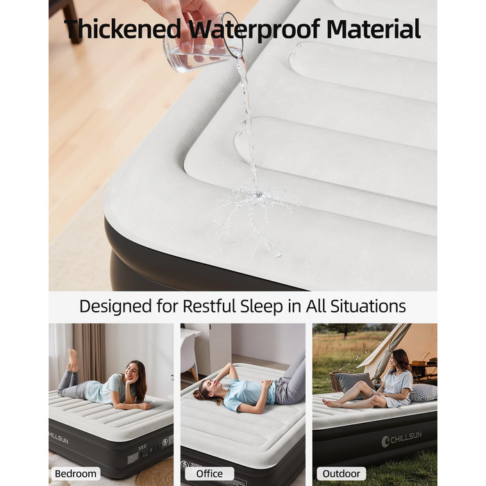 Надувне ліжко CHILLSUN® для 2 осіб, 203x152x46 см з електричним насосом, водонепроникне, для кемпінгу та гостей