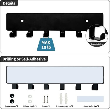 Настінний тримач для ключів GTK з 6 гачками, чорний. Настінна організація, ключниця для коридору