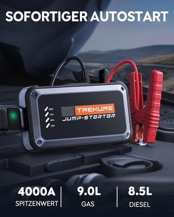 Powerbank Starthilfe TREKURE 4000A для автомобіля: 9.0L бензин/8.5L дизель, LED ліхтарик