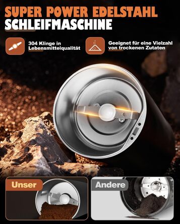 Електрична кавомолка 80г, потужний 350W двигун для кави та спецій, з регулюванням помелу, портативна, з щіткою для чищення, нержавіюча сталь, чорний