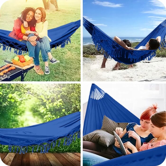 Гамак KRUMAD 260 см, до 250 кг, водостійкий, бавовна-поліестер, для саду, балкону, кемпінгу, з дерев'яними розпірками та сумкою (Синій, 150x200 см)