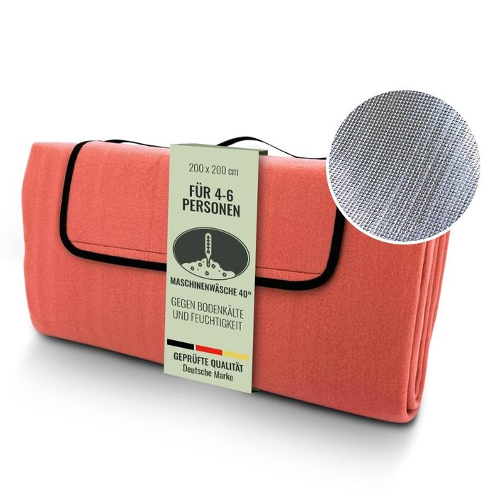 Плед для пікніка Heimtexland XL водонепроникний 200x200 см помаранчевий, килимок для пляжу, кемпінгу, фестивалів, складаний з ручкою