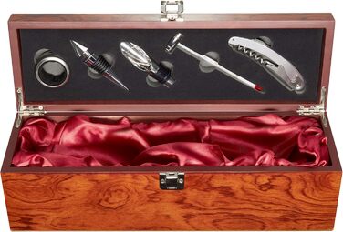 Набір аксесуарів для бару BRUBAKER 6-в-1 з ящиком для вина - дизайн з благородного дерева - набір сомельє з нержавіючої сталі з виливальником + пробкою + термометром для вина + кільцем від крапель - подарунковий набір сріблястого кольору