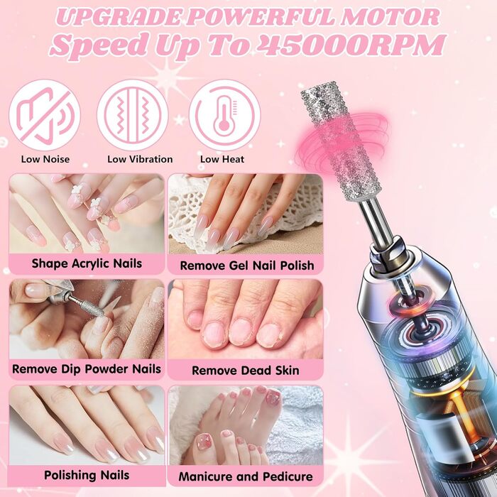 Електричний нагрівач для нігтів 2-в-1, професійний, 45000 об/хв, манікюрний набір, фрезер для гелю та акрилу