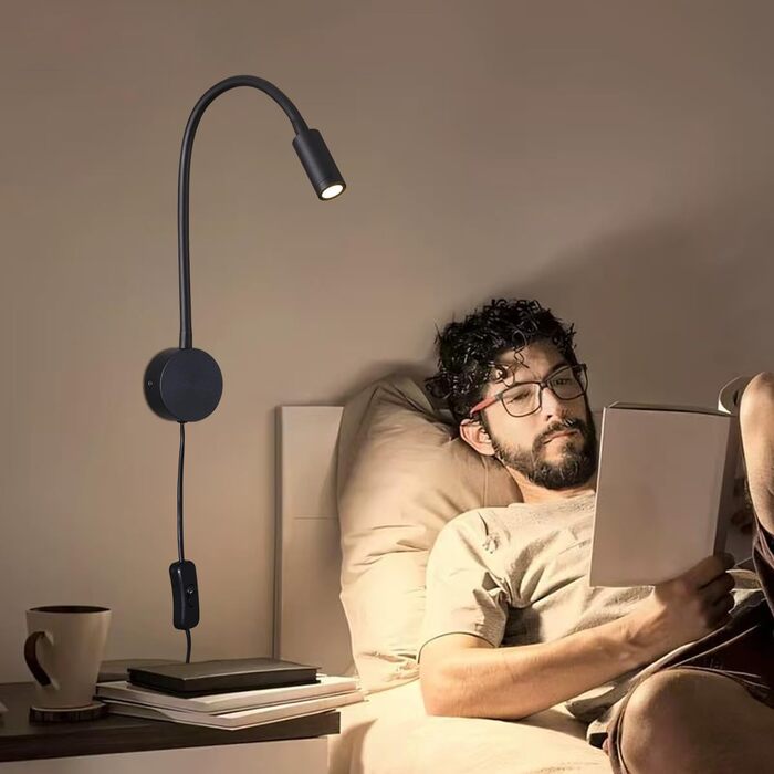 Настінний світлодіодний світильник для читання 3W теплий білий 3000K чорний з вимикачем на шнурі