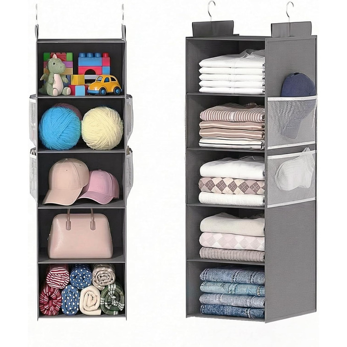 Організатор для шафи Extra Tief - 6-ярусний з 4 кишенями з сітки, для зберігання речей, ідеальний для студентів та кемпінгу (Сірий)