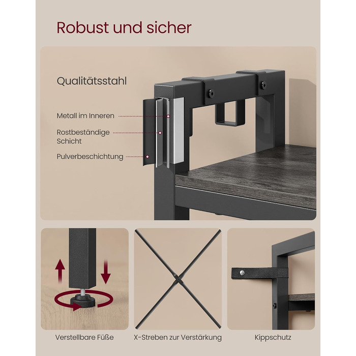 VASAGLE Coat Rack with Shoe Bench, Wardrobe, 5 Shelf Levels made of Particleboard, 9 Triple Hooks, 6 Side Hooks, 40 x 120 x 190 cm, Stone Grey-Ink Black HSR426B04