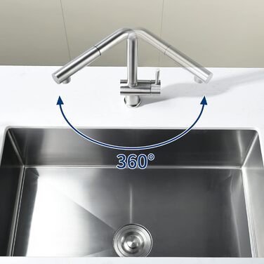 Змішувач кухонний CECIPA Hochdruck, висувна модель з донцем, шлангом та двома струменями, чорний, нержавіюча сталь, 360° обертання, ×207B (L-подібний, матовий нержавіюча сталь)